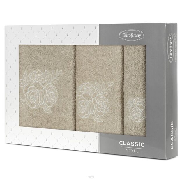 Komplet ręczników 3 szt. ROSALIA beżowe z haftowanym kremowym wzorem różyczek w kartonowym pudełku