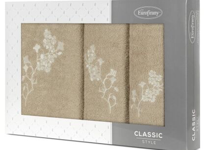 Komplet ręczników 3 szt. BLOSSOM beżowe z haftowanym kremowym wzorem kwiatowym w kartonowym pudełku
