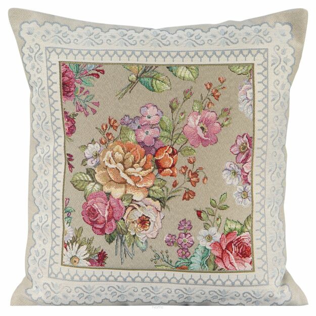 Poszewka gobelinowa 45x45 1175 oliwkowa z wzorem kwiatowym