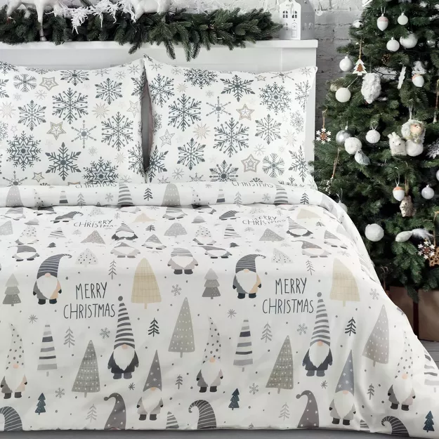 Pościel świąteczna 220x200 DWARF biało stalowa wzór skrzatów z bawełny renforce