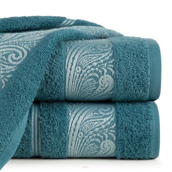 Ręcznik bawełniany 50x90 SYLWIA 1 turkusowy z bordiurą żakardową w ornamentowy wzór