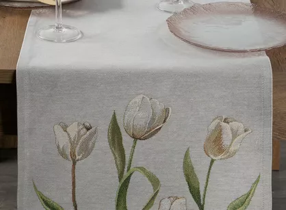 Bieżnik gobelinowy 45x140 4041 popielaty zdobiony wzorem tulipanów