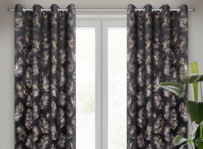 Zasłona na przelotkach 140x250 GLORIA 2 welwetowa czarna z szampańskim nadrukiem liści