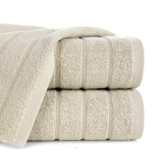 Ręcznik bawełniany 70x140 DALI beżowy gładki z subtelną bordiurą z błyszczącą nicią