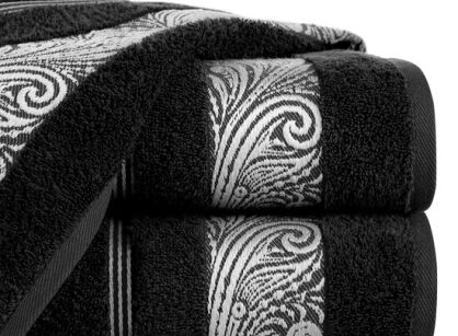 Ręcznik bawełniany 70x140 SYLWIA 1 czarny z bordiurą żakardową w ornamentowy wzór