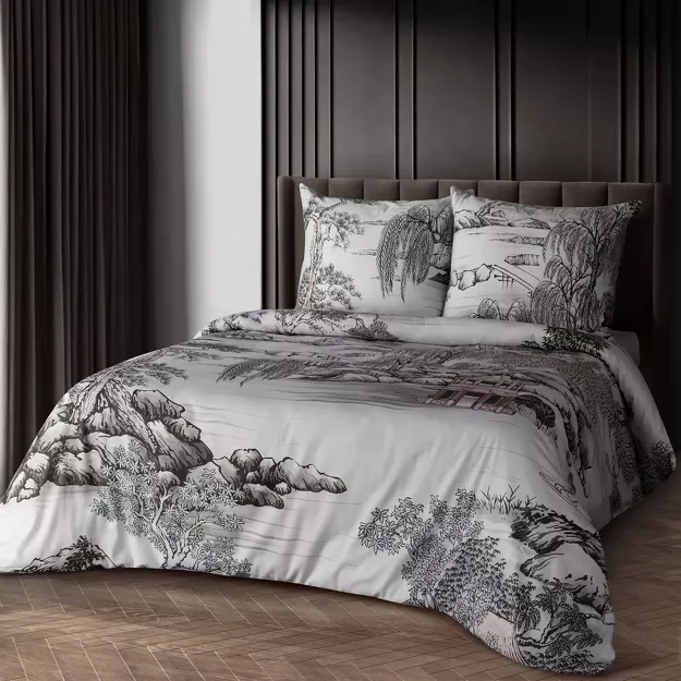 Pościel z makosatyny 160x200 ORIANA Eva Minge biała stalowa designerski wzór