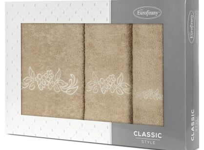 Komplet ręczników 3 szt. CLAVIA beżowe z haftowanym kremowym wzorem roślinnym w kartonowym pudełku
