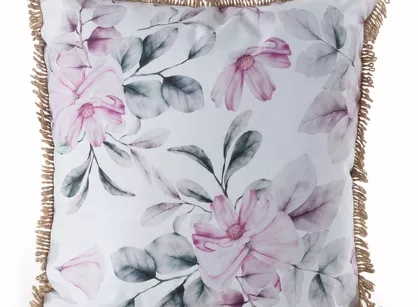 Poszewka na taras 45x45 GARDEN 30 biała wodoodporna różowy wzór kwiatowy z frędzlami