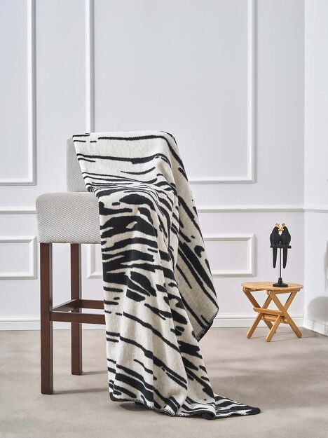 Koc bawełniany 150x200 2141-2 biały czarny zebra wykończony szydełkiem