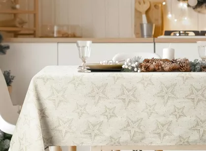 Obrus świąteczny 145x350 WINTER kremowy złoty bawełniany w gwiazdki