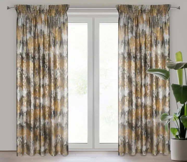 Zasłona na taśmie 140x270 TINA welwetowa musztardowa z szampańskim nadrukiem