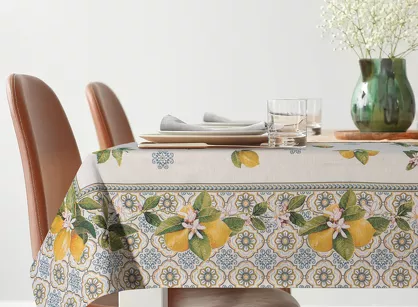 Obrus gobelinowy 140x180 009 naturalny z nadrukiem żółtych cytryn