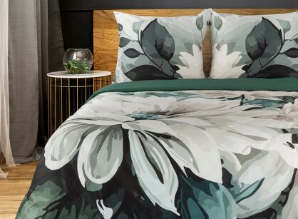 Pościel z makosatyny 160x200 LINDA ciemna zieleń wzór kwiatowy z kolekcji Premium