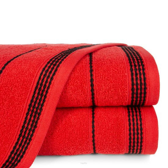 Ręcznik bawełniany 70x140 MIRA czerwony zdobiony bordiurą w pasy