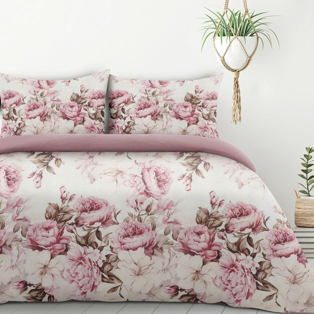 Pościel z mikrowłókna 140x200 PEONY 1 kremowa z nadrukiem różowych piwonii Design 91