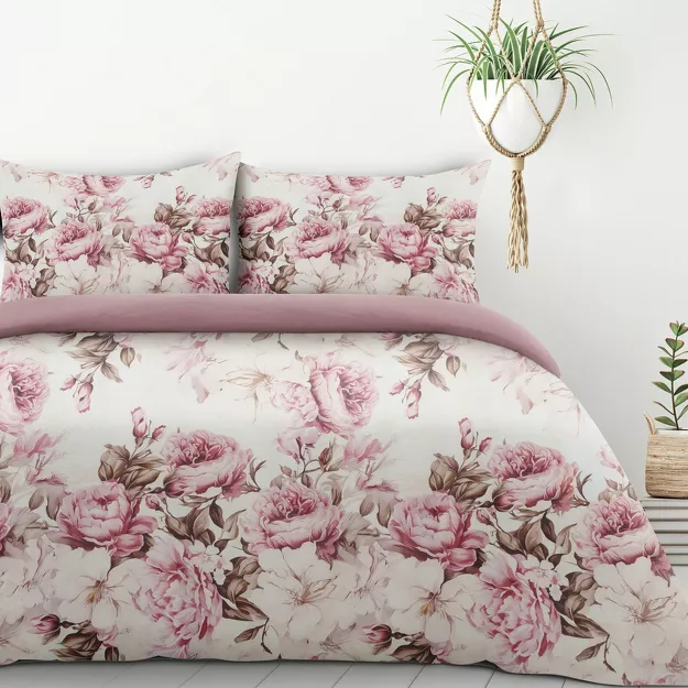 Pościel z mikrowłókna 140x200 PEONY 1 kremowa z nadrukiem różowych piwonii Design 91