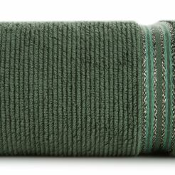 Ręcznik 70x140 FILON ciemna zieleń zdobiony bordiurą w prążki z połyskującą srebrną nicią 530 g/m2