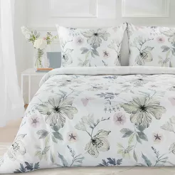 Pościel satynowa 140x200 SPRING 37 biała z zielonym wzorem kwiatowym z kolekcji Classic