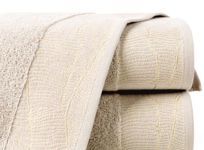 Ręcznik bawełniany 30x50 METALIC beżowy z bordiurą z wzorem liści bananowca i złotą nicią