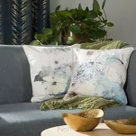 Poszewka welwetowa 45x45 VELVET 125 kremowa z designerskim niebieskim wzorem botanicznym obszyta lamówką - 3