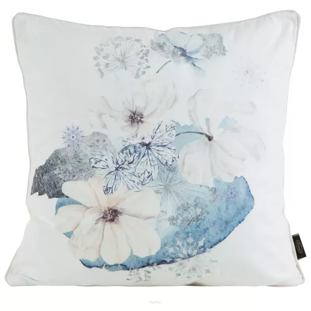 Poszewka welwetowa 45x45 VELVET 125 kremowa z designerskim niebieskim wzorem botanicznym obszyta lamówką