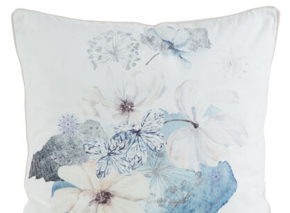 Poszewka welwetowa 45x45 VELVET 125 kremowa z designerskim niebieskim wzorem botanicznym obszyta lamówką