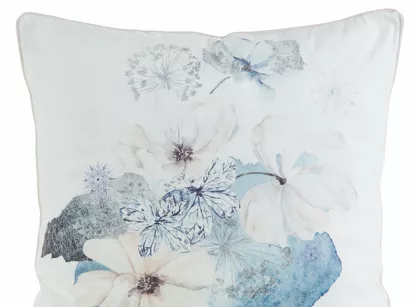 Poszewka welwetowa 45x45 VELVET 125 kremowa z designerskim niebieskim wzorem botanicznym obszyta lamówką