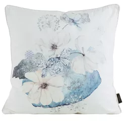 Poszewka welwetowa 45x45 VELVET 125 kremowa z designerskim niebieskim wzorem botanicznym obszyta lamówką