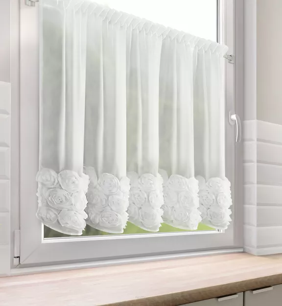 Zazdrostka w tunelu 150x90 ROSES 11 biała Eva Minge z szyfonu z pasem róż 3D