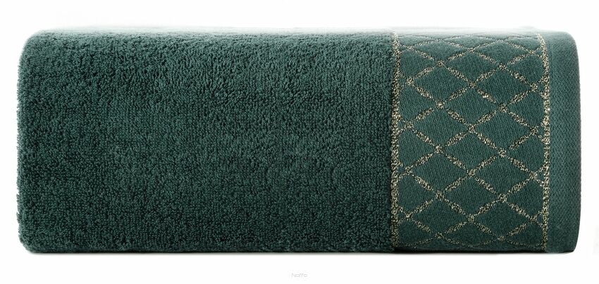 Ręcznik bawełniany 50x90 LAYLA ciemna zieleń z szeroką bordiurą w romby przetykaną błyszczącą nicią