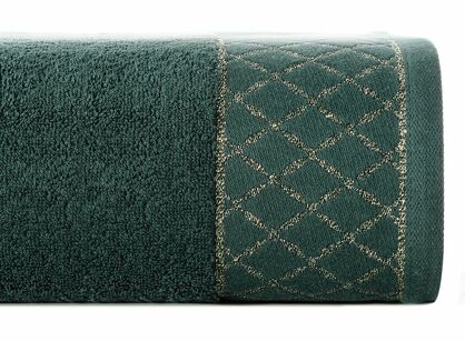 Ręcznik bawełniany 50x90 LAYLA ciemna zieleń z szeroką bordiurą w romby przetykaną błyszczącą nicią