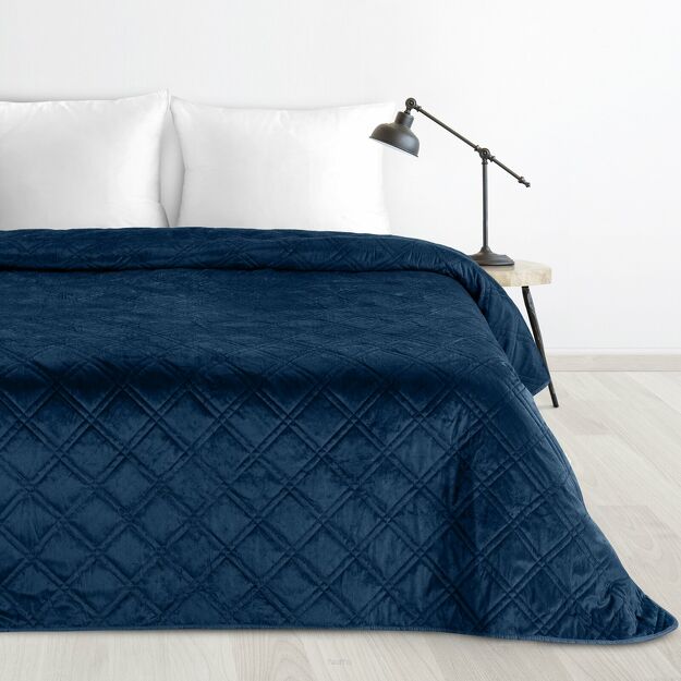 Narzuta welwetowa 200x220 LUIZ 8 granatowa pikowana hot press w wyrazisty geometryczny wzór