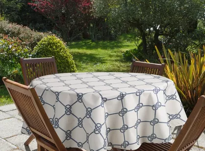 Obrus na taras okrągły fi 150 GARDEN 17 biały granatowy wodoodporny styl morski