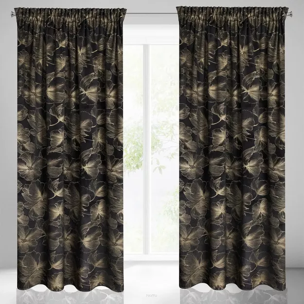 Zasłona na taśmie 140x300 STELLA welwetowa czarna ze złotym kwiatowym nadrukiem