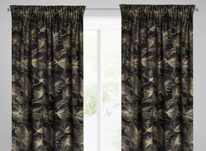 Zasłona na taśmie 140x300 STELLA welwetowa czarna ze złotym kwiatowym nadrukiem