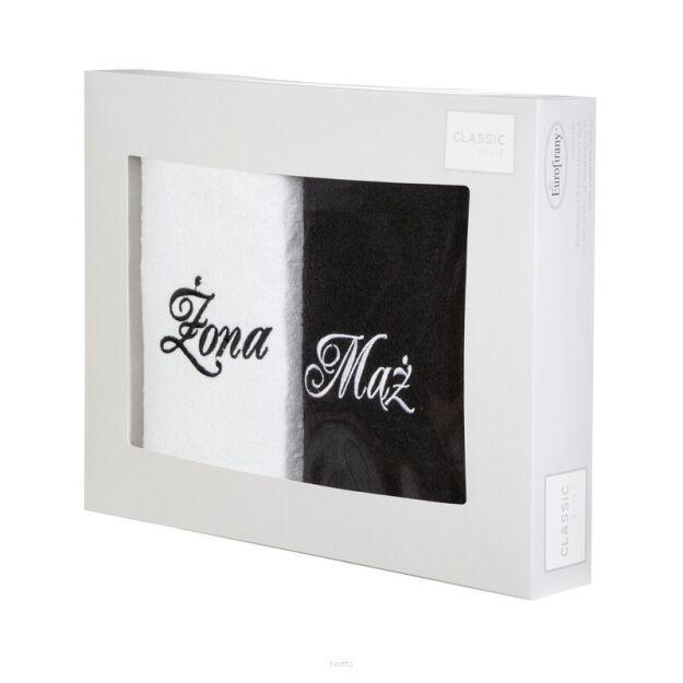 Komplet ręczników 2x50x90 MĄŻ ŻONA białe czarne haftowane w kartonowym pudełku