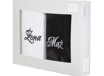 Komplet ręczników 2x50x90 MĄŻ ŻONA białe czarne haftowane w kartonowym pudełku