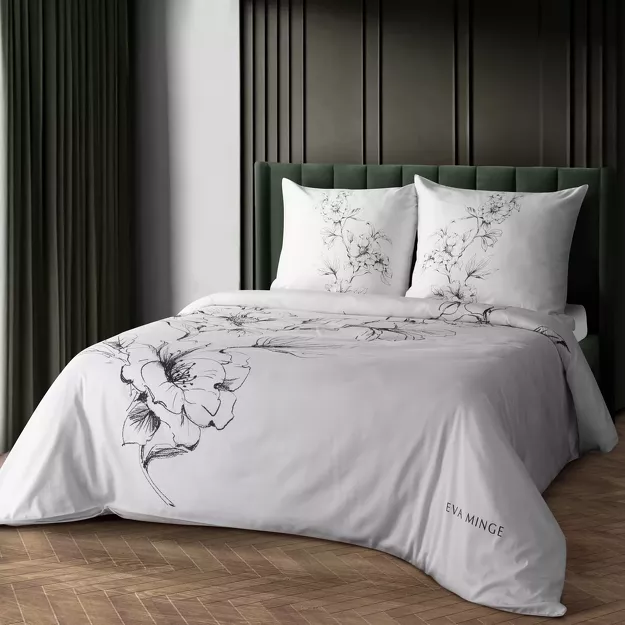 Pościel z makosatyny 220x200 FLAVIA Eva Minge biała czarna wzór kwiatowy Premium