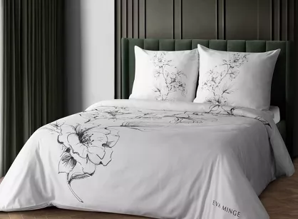 Pościel z makosatyny 220x200 FLAVIA Eva Minge biała czarna wzór kwiatowy Premium