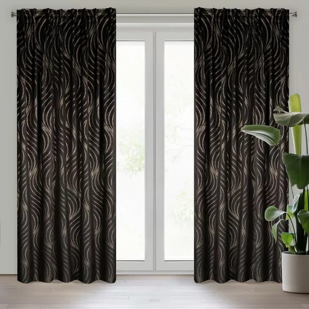 Zasłona gotowa na taśmie flex 140x270 VICTORIA 3 welwetowa czarna z szampańskim falującym wzorem Limited Collection
