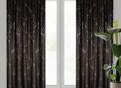 Zasłona gotowa na taśmie flex 140x270 VICTORIA 3 welwetowa czarna z szampańskim falującym wzorem Limited Collection