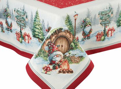 Nakładka świąteczna 100x100 XMAS gobelinowa naturalna w zimowej scenerii z czerwoną obwódką