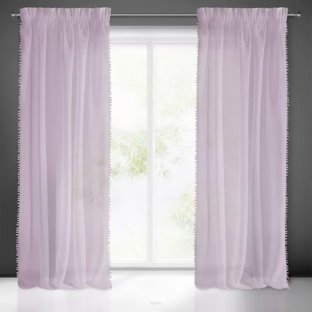 Firana na taśmie 140x270 ALMINA różowa z matowej etaminy obszyta pomponami