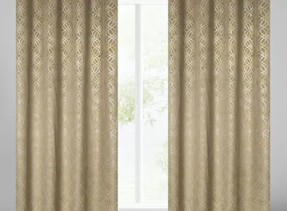 Zasłona gotowa na przelotkach 140x250 ARETA welwetowa beżowa ze srebrno złotym nadrukiem w stylu boho