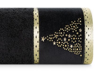Ręcznik świąteczny 50x90 EVE 1A czarny zdobiony dżetami choinki ze złotą bordiurą