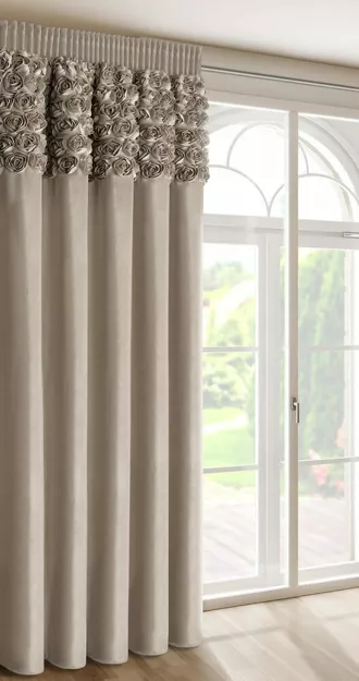 Zasłona na taśmie 140x270 ROSES 13 Eva Minge welwetowa ciemny beż aplikacja róż 3D