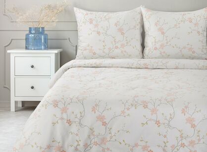 Pościel bawełniana 220x200 SONIA 37 biała z wzorem delikatnych jasno różowych kwiatków