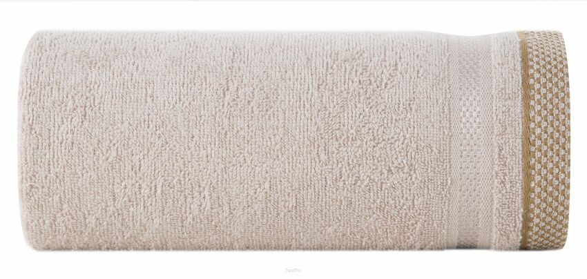 Ręcznik 100x150 ABBIE beżowy  z żakardową błyszczącą bordiurą w pasy z delikatną krateczką 500 g/m2