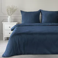 Pościel satynowa 160x200 VERA jednokolorowa gładka granatowa w prążki