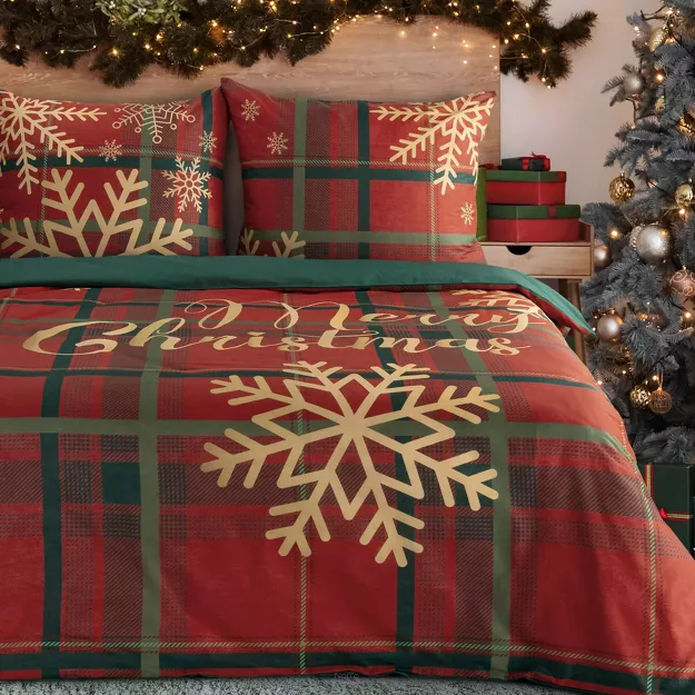 Pościel świąteczna 140x200 ESTRELLA czerwono zielona gwiazdki wzór kraty z bawełny renforce